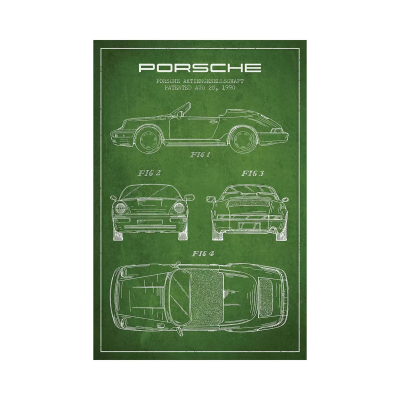 Porsche Corporation Porsche Patent Sketch (Green) by Aged Pixel - Wrapped Canvas Print, 20.32 cm H x 30.48 cm W