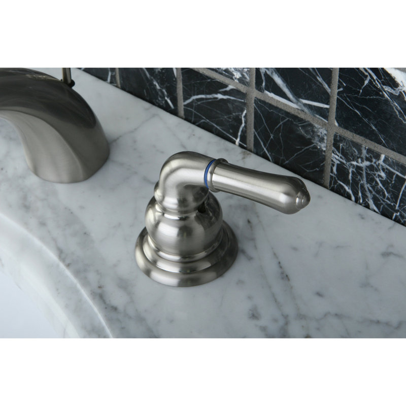 Kingston Brass Magellan Two-Handle 3-Hole Deck Mount Mini-Widespread Bathroom Faucet with Plastic Pop-Up, Brushed Nickel