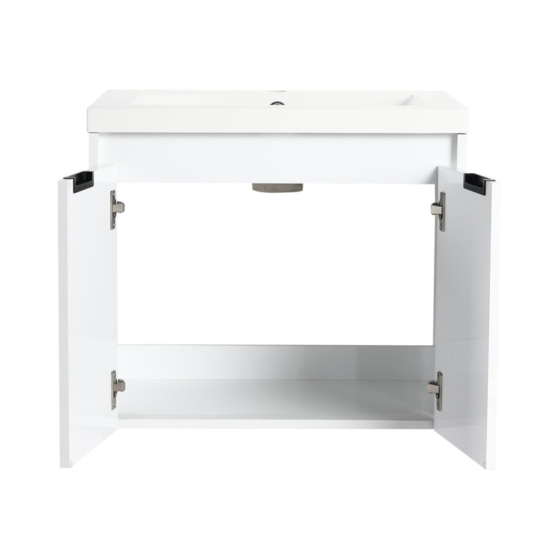 Meuble-lavabo mural de 91 cm (36 po) pour salle de bain, lavabo en résine, 2 portes à fermeture amortie, 1 armoire latérale, fini anti-rayures, charnières de porte à fermeture douce, étanche à l'eau.