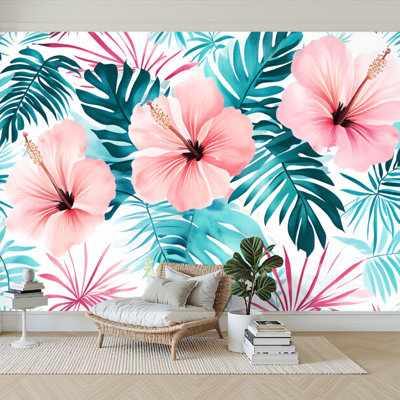 Papier peint adhésif auto-adhésif moderne l 144 po x H 100 po pour chambre à coucher Hibiscus tropical, feuilles de palmier bleu sarcelle, aquarelle peinte à la main