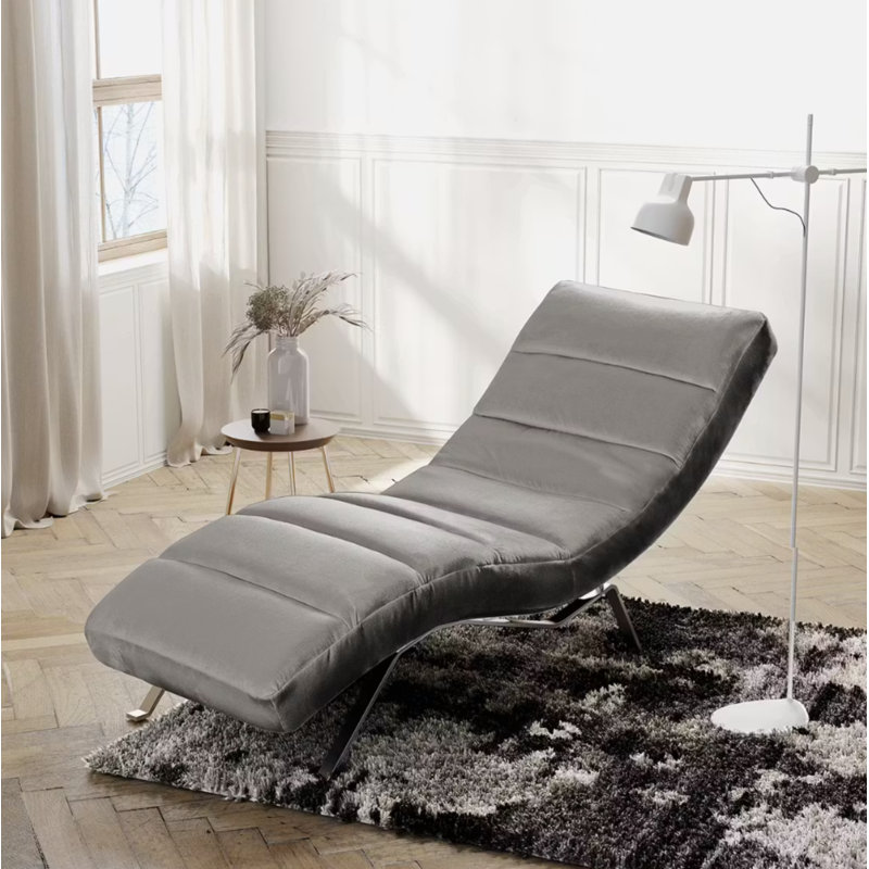 Rye Upholstered Velvet Fabric Chaise Lounge with Adjustable Backrest, Grey, Silver