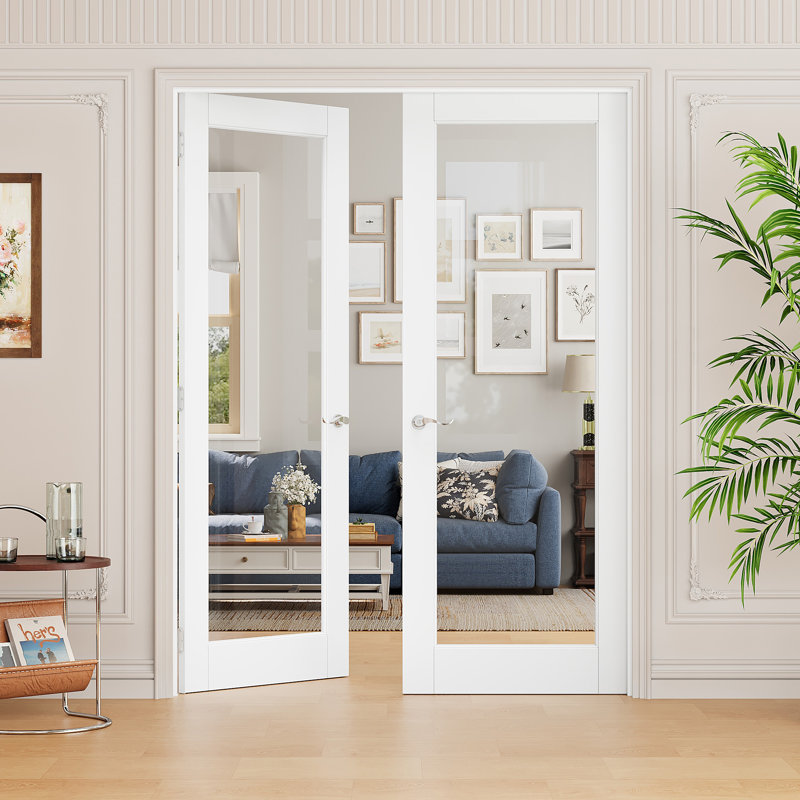 Porte intérieure en verre transparent 1-Lite, portes françaises en verre trempé CARB P2 MDF et SGCC, quincaillerie de porte satinée en nickel Nickell avec serrure, loquet et charnières, pré-fini et imperméable, garde-manger, chambre à coucher, salle de bain et placard, facile à bricoler, 60 po x 80 po