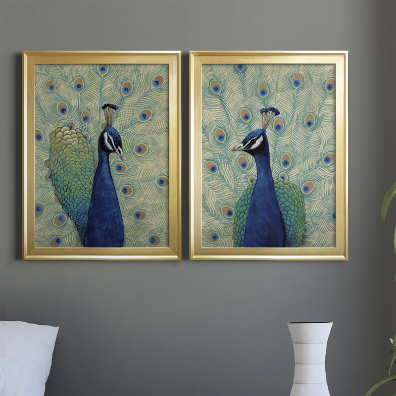 «Blue Peacock I», reproduction encadrée de qualité supérieure - prête à être accrochée, H 42,5 po x l 61 po x P 1 po, Or