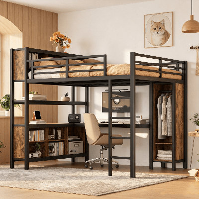 Lit mezzanine en métal, lit mezzanine avec bureau intégré et garde-robe ouverte, lit mezzanine à plusieurs rangements, lit haut en métal, cadre de lit haut moderne à structure métallique pour appartement-chambre