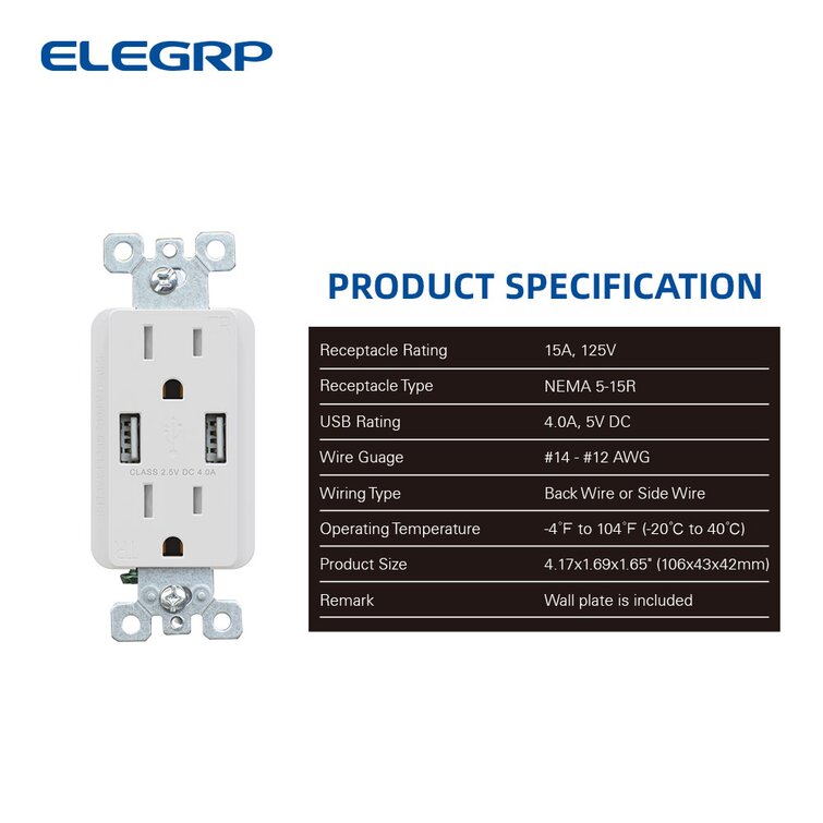 ELEGRP USB Charger Wall Outlet Dual High Speed 4.0 Amp USB Ports