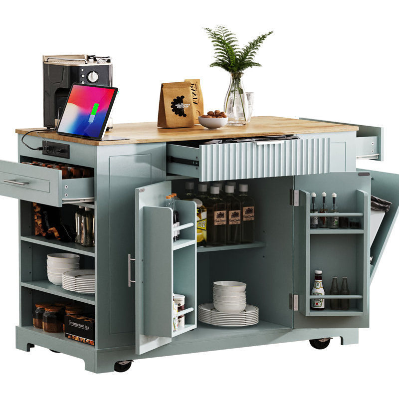 K&K Fluted Kitchen Island with Trash Can Storage Cabinet, Power Outlet, Internal Storage Rack, Rolling Kitchen Islands on 5 Wheels with 3 Drawer, 3 Open Side Racks for 10 Gallon Garbage Bin,Grey Blue