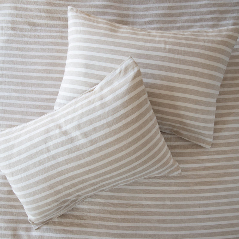 100% French Linen Duvet Cover & Sham Set, Twin Duvet Cover + 1 Standard Pillow Sham, Putty & Cream Stripe