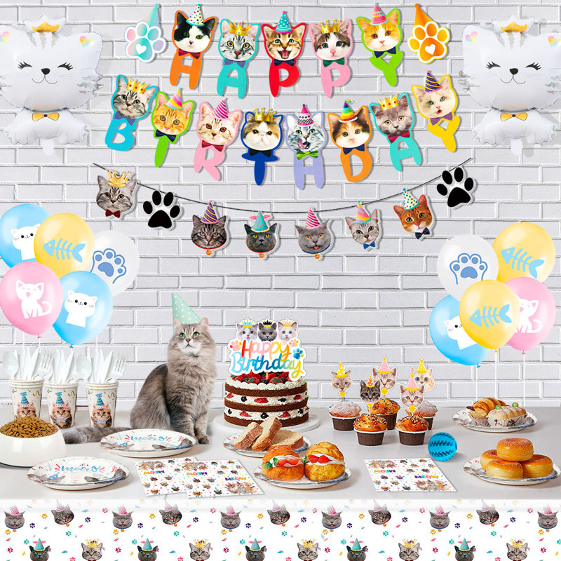 Ensemble d'accessoires de fête d'anniversaire pour chat, ensemble de vaisselle et décorations pour chats, 167 pièces