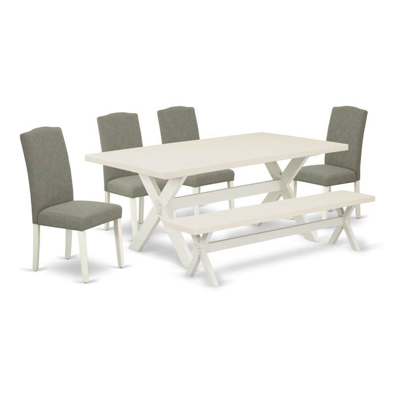 6 Piece Kitchen Table Set Contains a Rectangle Dining Table with X-Legs and 4 Dark Shitake Linen Fabric Parson Chairs with a Bench
