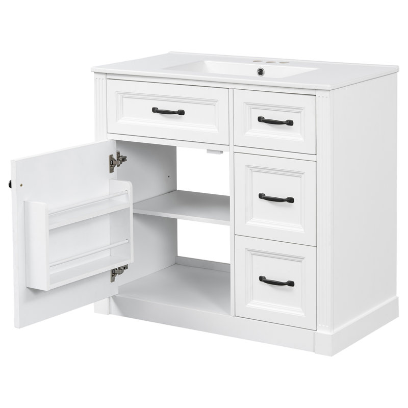 Meuble-lavabo de 36 pouces avec lavabo, armoire avec 4 tiroirs, porte à fermeture douce et tablette réglable, lavabo en céramique, meuble-lavabo moderne pour l'organisation de la salle de bain, finition blanche