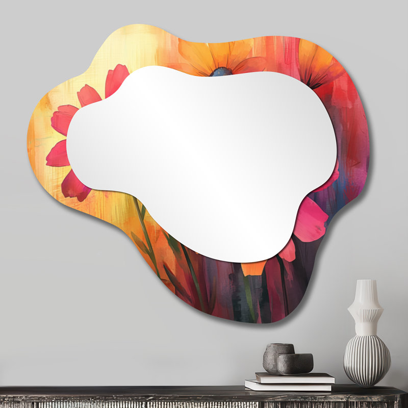 «Orange Dancing parmi les fleurs sauvages I» - miroir mural asymétrique Wildflowers, miroir de coiffeuse traditionnel, imprimé sur métal