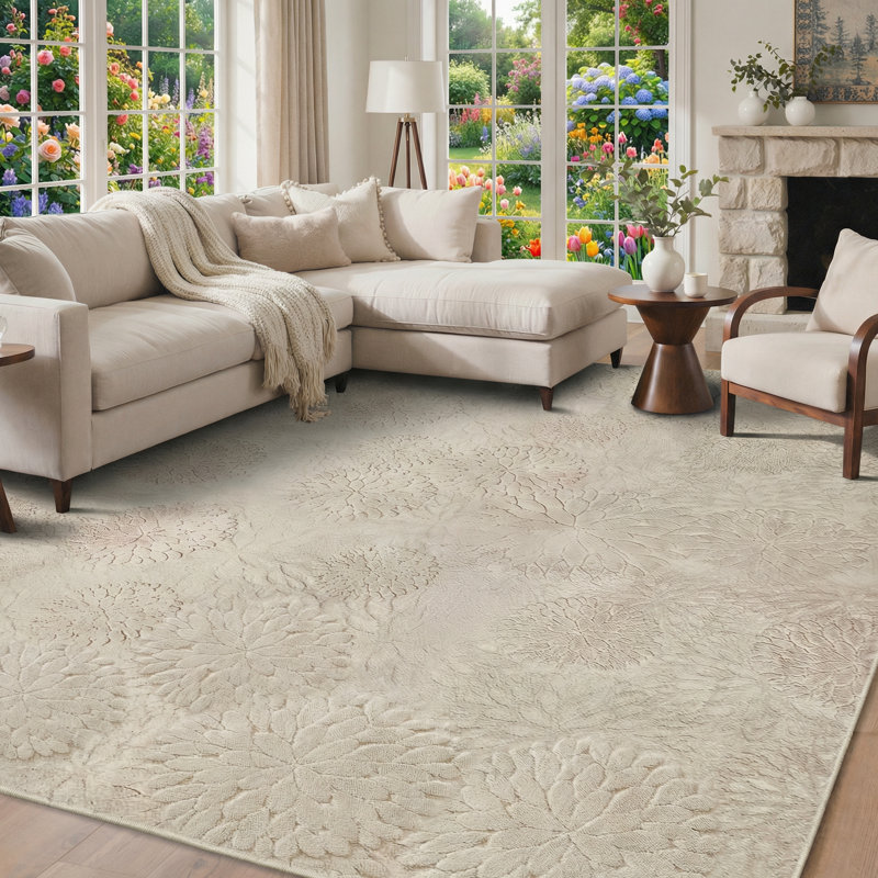 Tapis d'intérieur beige antidérapant à motif floral pelucheux et doux, Rectangle 6 pi x 9 pi, Beige