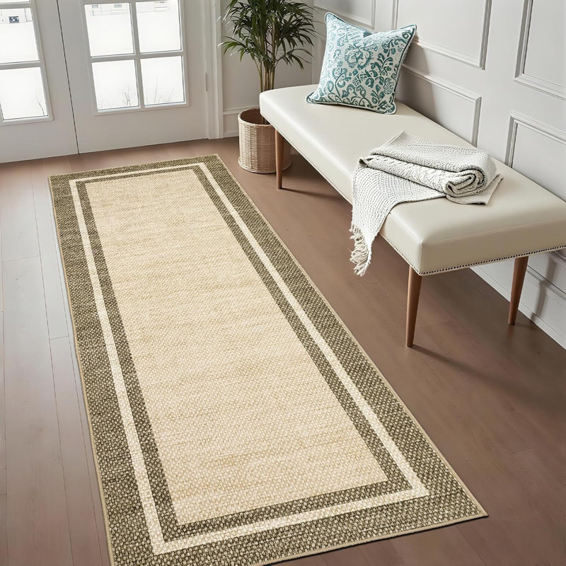 2x6 Washable Neutral Runner Rug – Minimalist Bordered Print, Non-Slip TPR Backing, Soft Thin Mat for Entryway, Kitchen (Black)