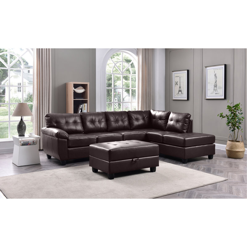 Sectional, Right Hand Facing, Brown Faux Leather