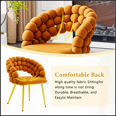Set of 2 Orange Puffy Bubble Chair Ball Chain Chair Velvet Dining Chairs with Gold Plated Legs, Modern Accent for Dining and Kitchen