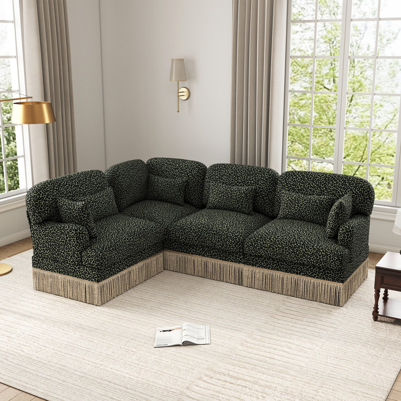 Canapé modulaire en L en chenille à imprimé léopard avec coussins et jupe à pampille, Imprimé léopard vert-noir