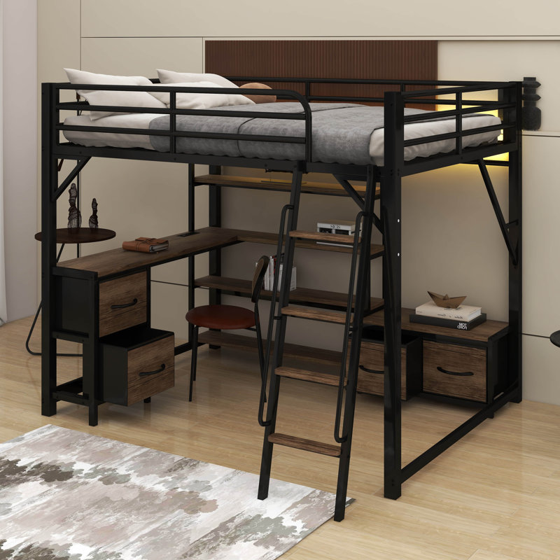 Loft Bed With Desk And LED, Metal Loft Bed With Storage Shelves, Wardrobe And Storage Drawers, Queen