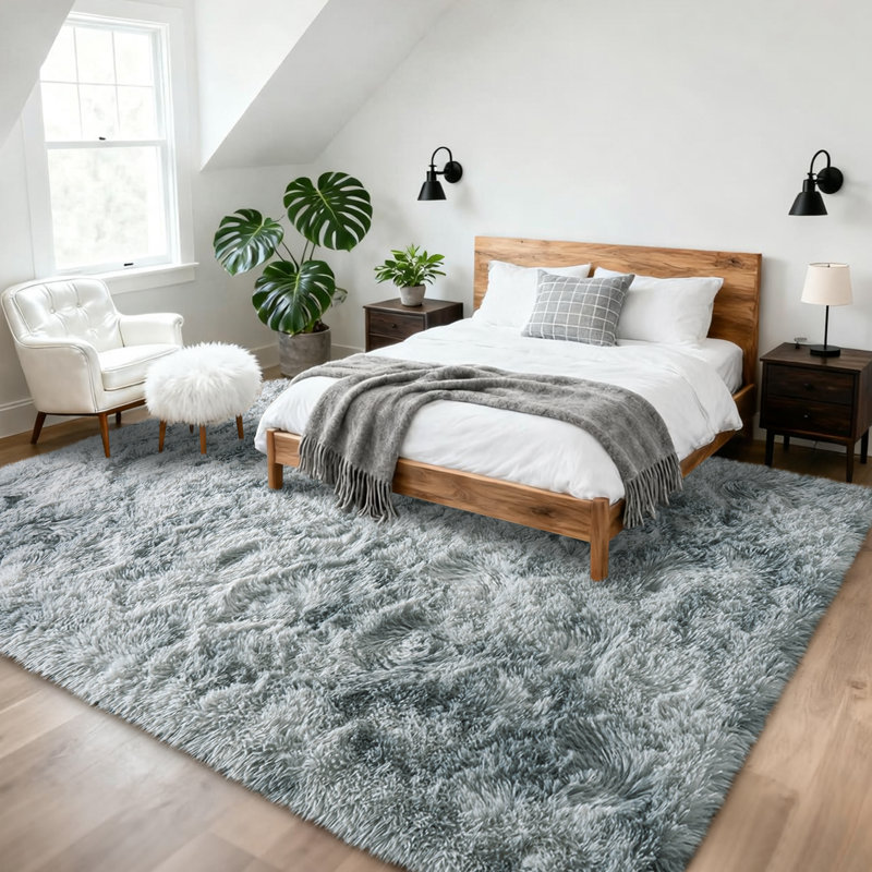 9x12 ft Tie-dyed Sliver Grey Shag Rug, Ideal for living room decor, Ultra-Soft Puffy Fluffy Rug for Bedroom Flooring, Aesthetic Carpets Suitable for Kids' Rooms, Dorms, and Home Decor