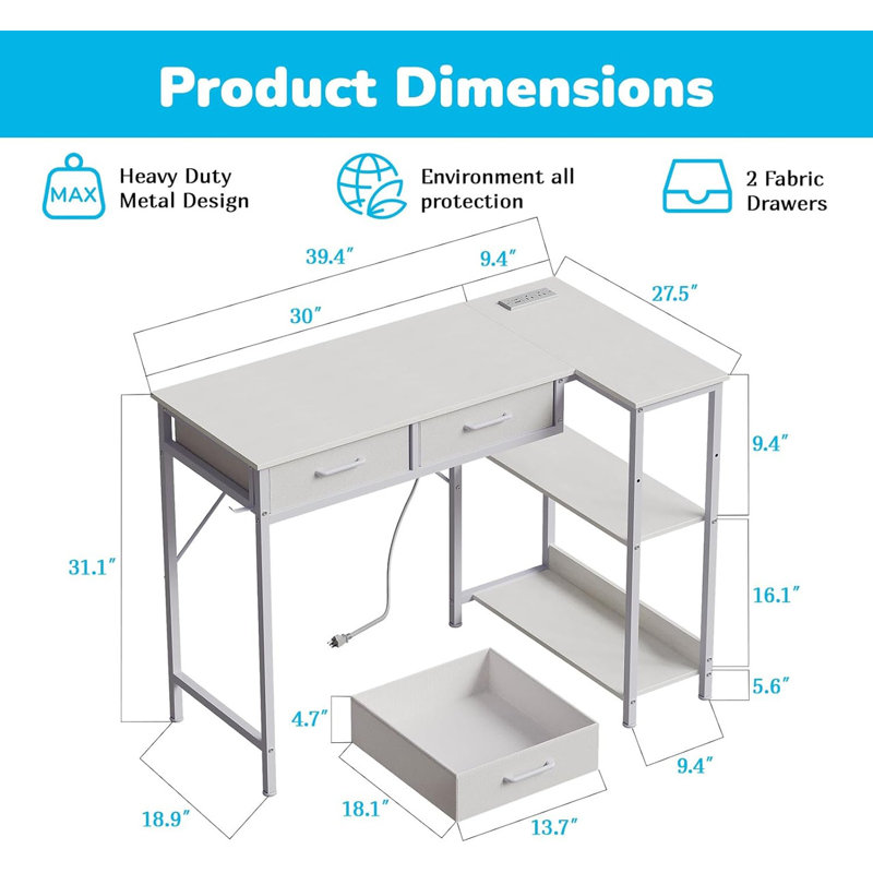 Bureau de jeu en L 40 po avec prise de courant - 3 tablettes, 2 tiroirs, crochet pour casque pour petits espaces, Blanc