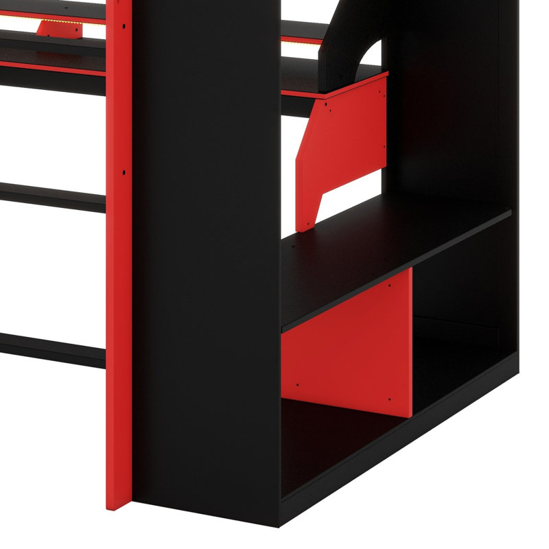 Contemporary Wood Loft Bed with USB/Type-C Ports, Power Outlet & RGB Lights, Red