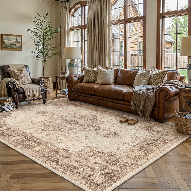 Tapis lavable rétro patiné avec envers antidérapant, Rectangle 6 pi x 9 pi, Brun