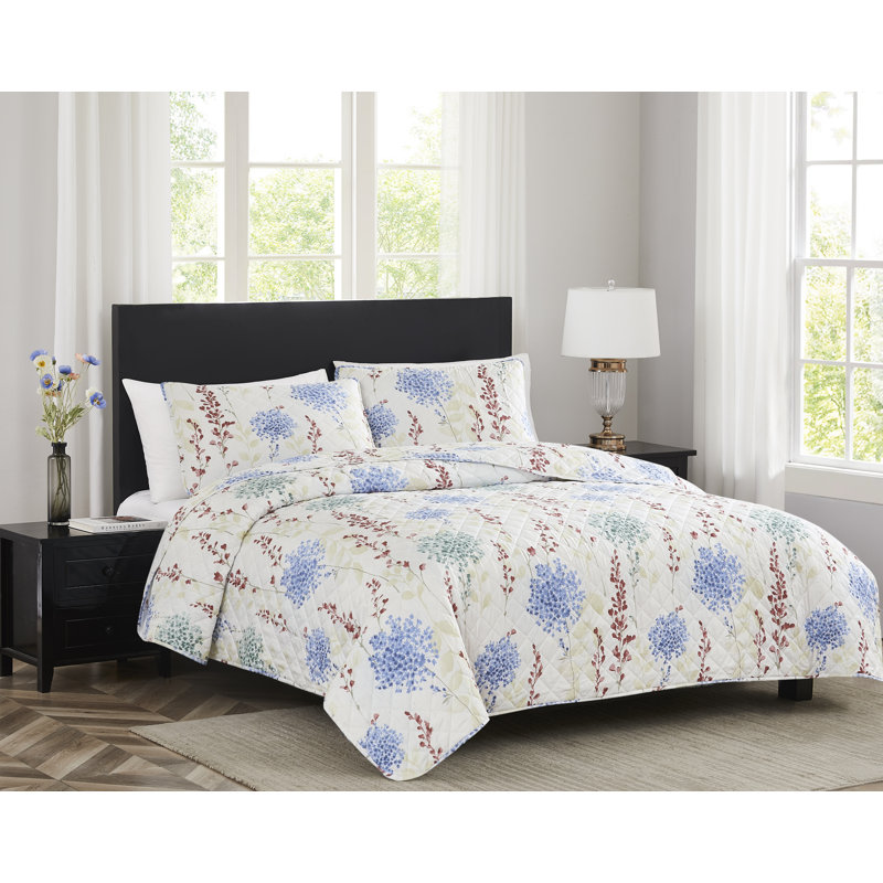 Ensemble de courtepointe en microfibre Melrose, Courtepointe très grand + 2 taies décoratives, Motif floral bleu