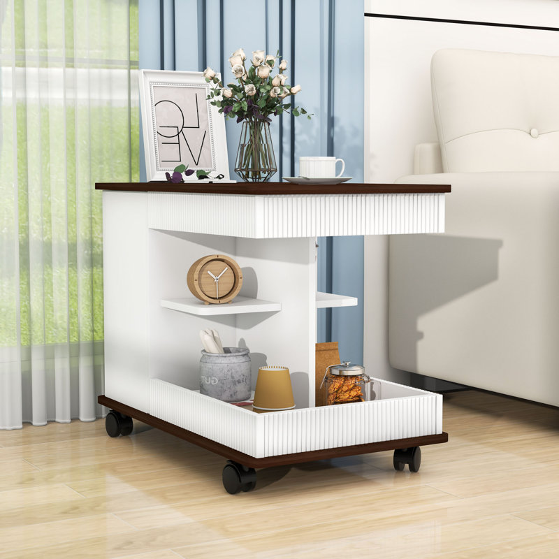 Adjustable End Table with Wheels and Storage Shelves, White/Brown