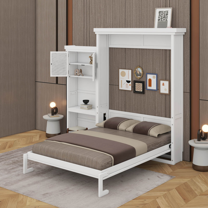 Grand lit escamotable avec plusieurs tablettes de rangement et décoration à persiennes, Blanc