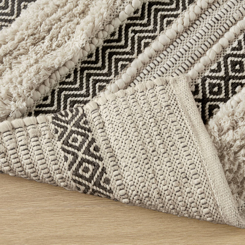 Nordic Shaggy Beige and Black Cotton Blend Bathroom Rug