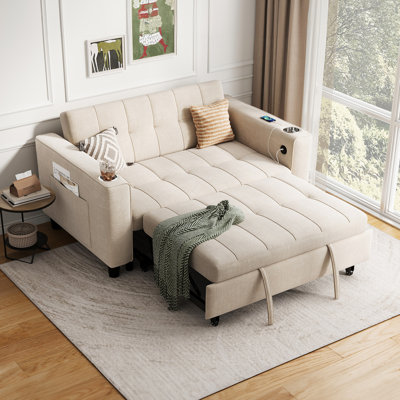 Clayton 53.8'' Upholstered Convertible Sleeper Sofa with USB Charging & Cup Holder