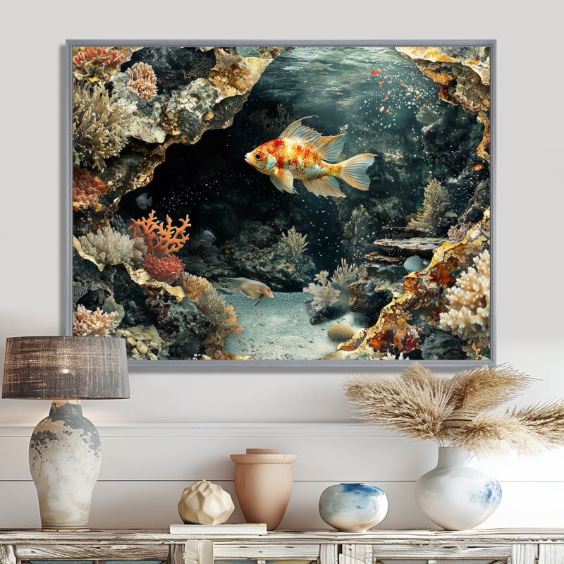 Aquarium, poissons et Amphibiens au-dessus d'un corail III - art mural corail, H 30 po x l 40 po, Cadre flottant