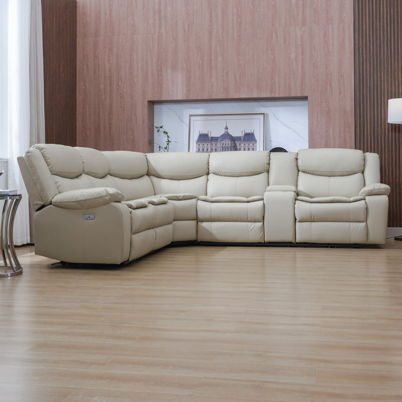 Ensemble de canapé modulaire inclinable électrique en L en forme de L avec port USB, crème, Cuir crème