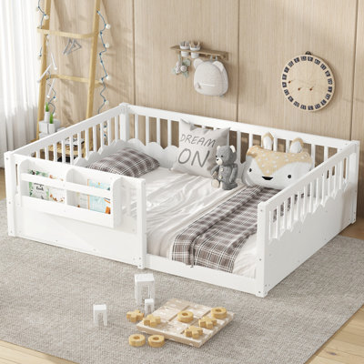 Lit double en bois pour enfants avec rails de sécurité et bibliothèque intégrée, lit bas pour tout-petits pour garçons et filles, blanc.
