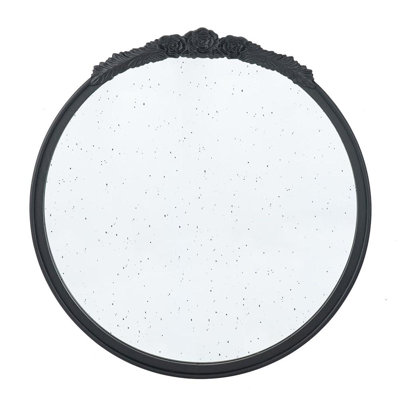 30" Black Crowned Top Antiqued Glass Round Framed Accent Mirror