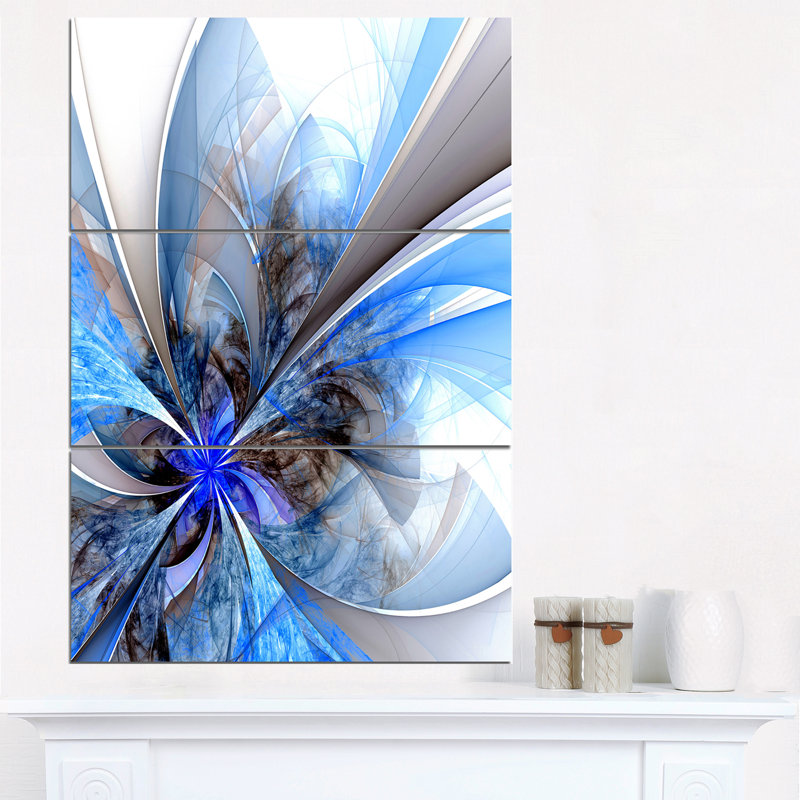 Très grande fleur de couleur bleue fractale, ensemble de 3 impressions sur toiles tendues