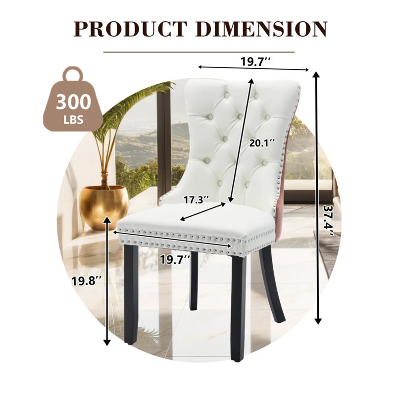 2PCS Modern Velvet Wingback Tufted Solid Wood Upholstered Dining Chairs (Set of 2), White/Pink