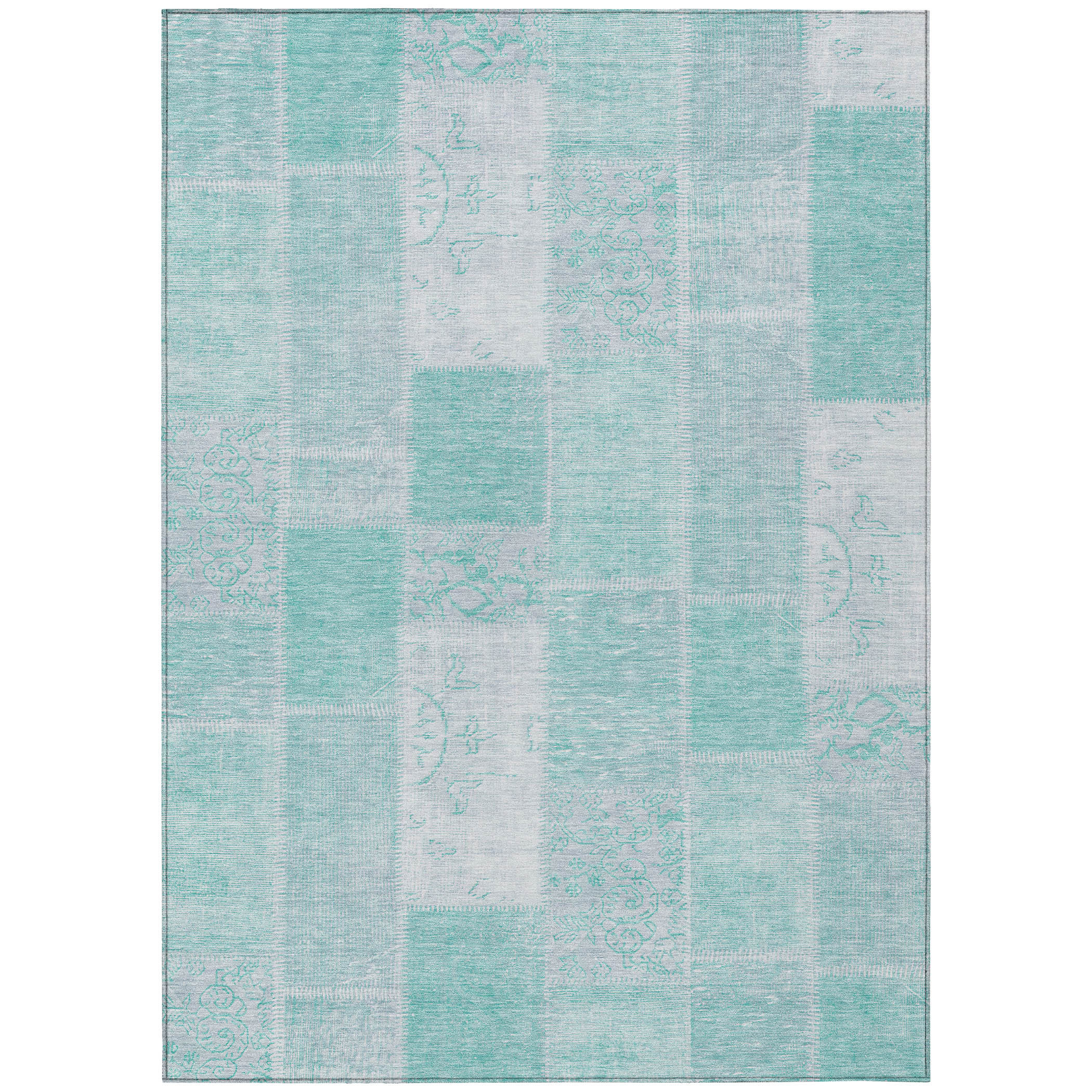 HomeRoots 5' X 8' Aqua Teal Blue And Silver Patchwork Washable Indoor ...