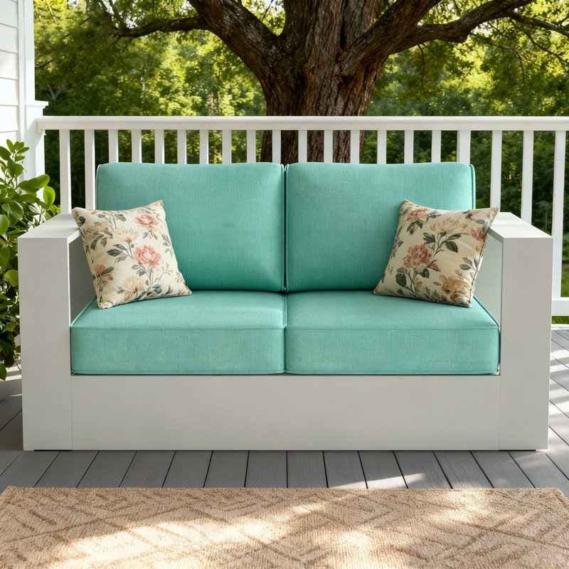 Modern Outdoor Aluminum 2-seater Loveseat With Cushions, Teal Cushion/White Frame