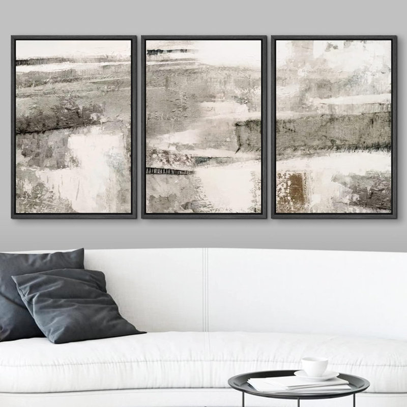 «Minimal Black Grey Landscape Abstract Shapes Modern Chic on Canvas», reproduction de 3 pièces, H 24 po x l 48 po