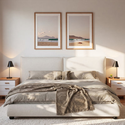 Upholstered Platform Bed with Linen Fabric Pillow-Back Headboard