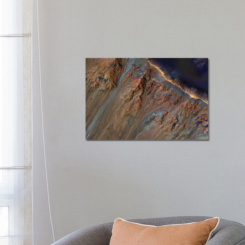 Enhanced Colour Close-up Of The Rim And Inner Slope Of Krupac Crater On Mars by Stocktrek Images - Wrapped Canvas Print