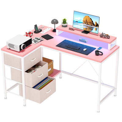 Bureau en L avec prises de courant et lumières à DEL - Bureau d'ordinateur rose avec tiroirs et tablettes pour les jeux et le bureau personnel