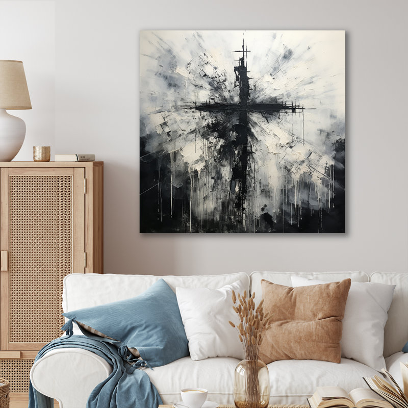 Minimalisme noir et blanc, croix religieuse - art mural sur toile Christianisme, Toile tendue, H 24 po x l 24 po x P 1 po