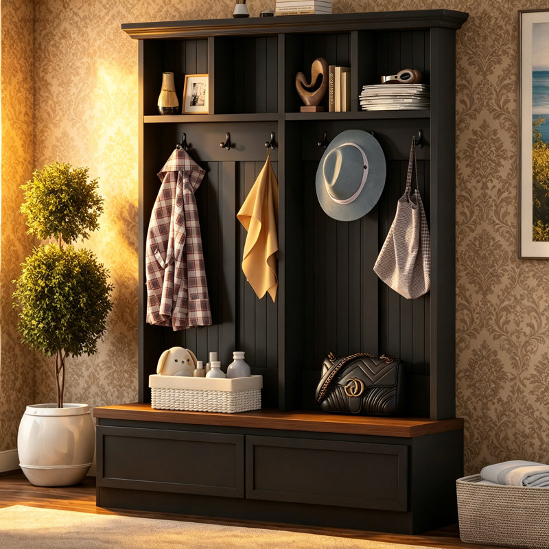 Black Farmhouse 4-In-1 Hall Tree, 55.9 Inch Wide Entryway Coat Rack With Wood Grain Bench And 2 Large Drawers, Ideal For Mudroom & Hallway
