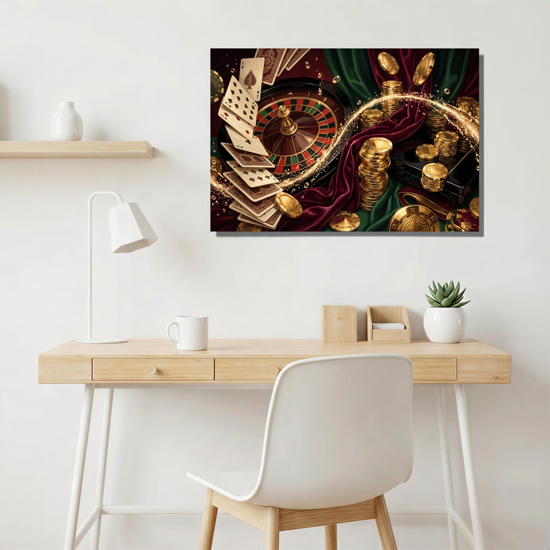Roulette de roulette, cartes à jouer avec pièces d'or sur toile de velours rouge, H 18 po x l 24 po