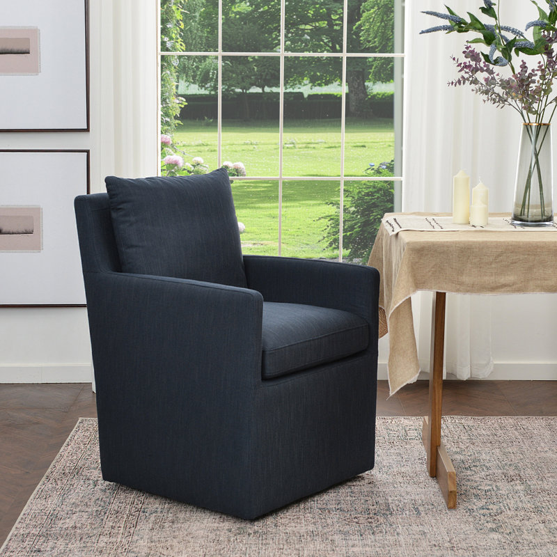 Cheryal 25" Wide Modern No Assembly Upholstered Linen Down Fill Dining Armchair with Interchangeable Casters & Fixed Feet 