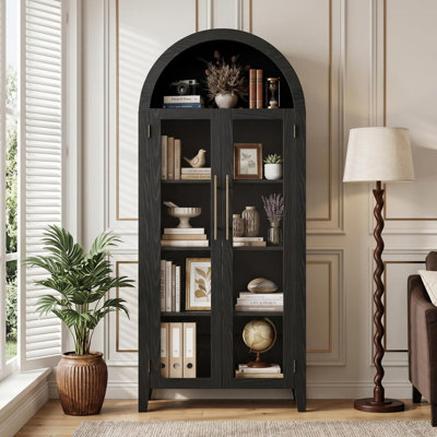 Bibliothèque arquée de 63 po de hauteur avec 2 grandes portes en verre, armoire de rangement à 5 niveaux Farmhouse avec tablette réglable, pour le salon, la salle à manger, la cuisine, noir