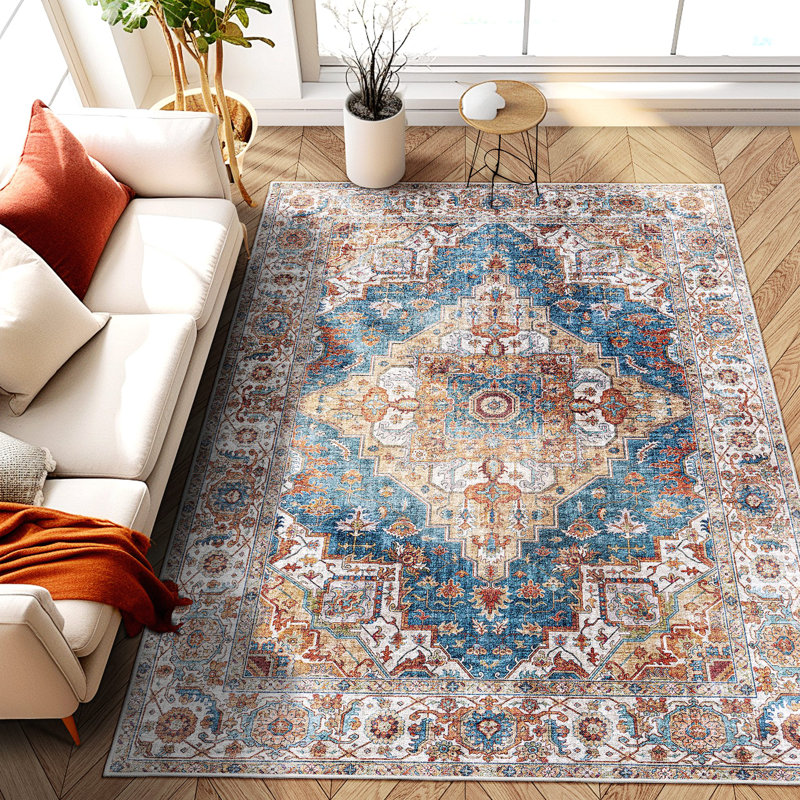 Area Rug,  5X7 Vintage Bohemia Large Persian Non-Slip Washable Rug For Living Room Kitchen Bedroom Living Room Flower Design Blue/Yellow