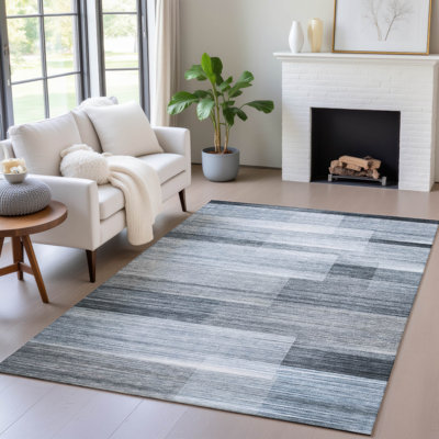 Machine Washable Indoor/Outdoor Xhevrie Denim Rug