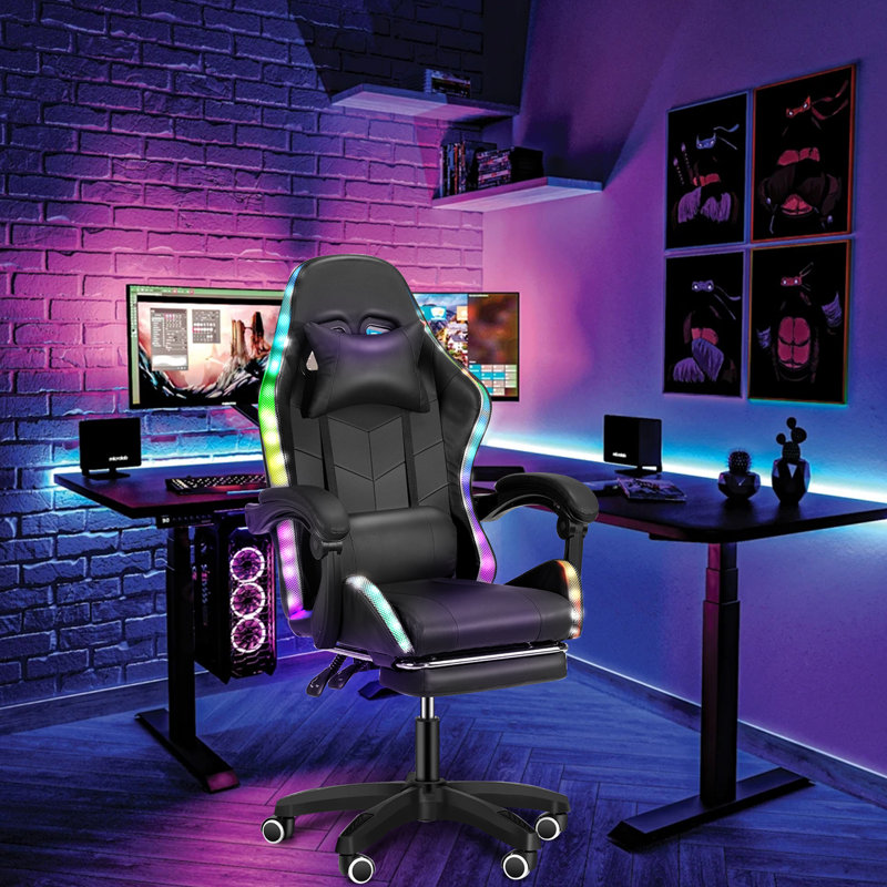 Fauteuil de jeu inclinable et pivotant en cuir avec haut-parleurs et repose-pieds Lubluelu
